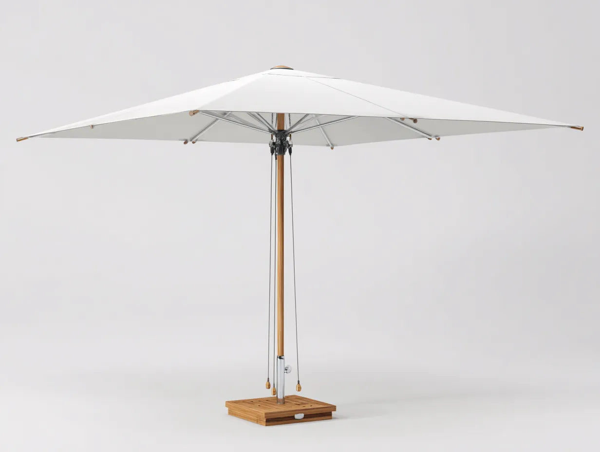 Ombrellone grande da terrazza 320 x 320 x 260 cm in legno e tessuto bianco - apertura a corda con base quadrata coordinata