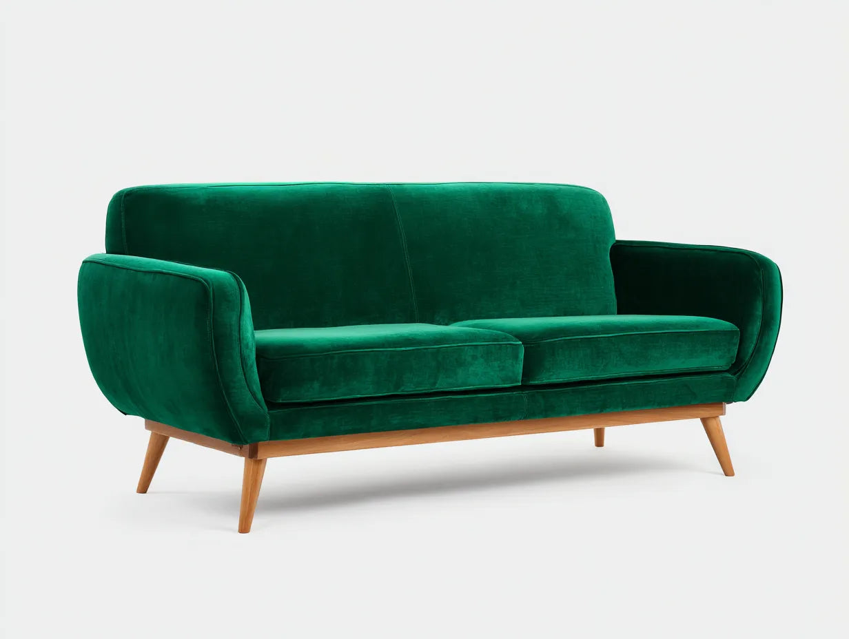 Divano 2 posti in velluto 180 x 90 x 85 cm - verde smeraldo - stile rétro con base in legno