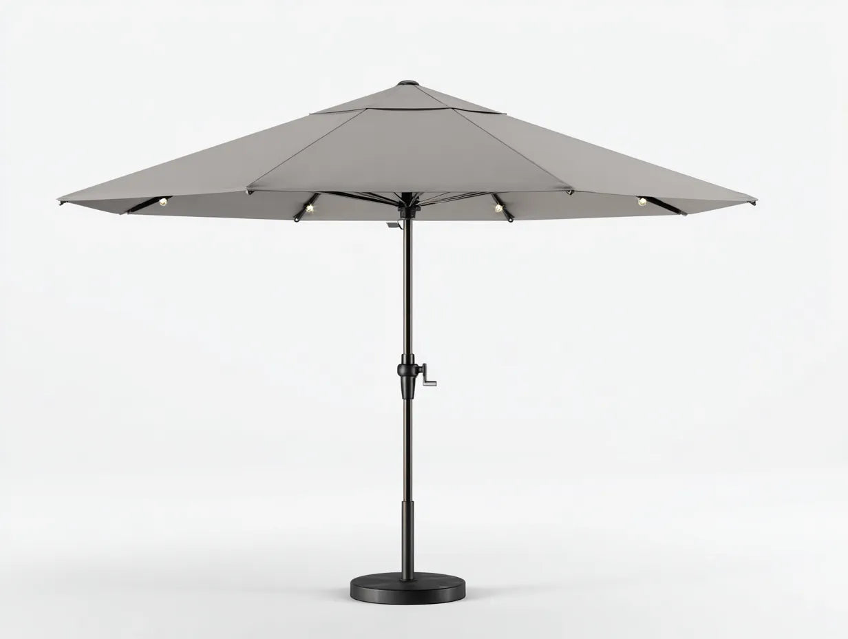 Ombrellone da giardino rotondo 300 x 300 x 245 cm in metallo e poliestere grigio - con luci integrate e manovella