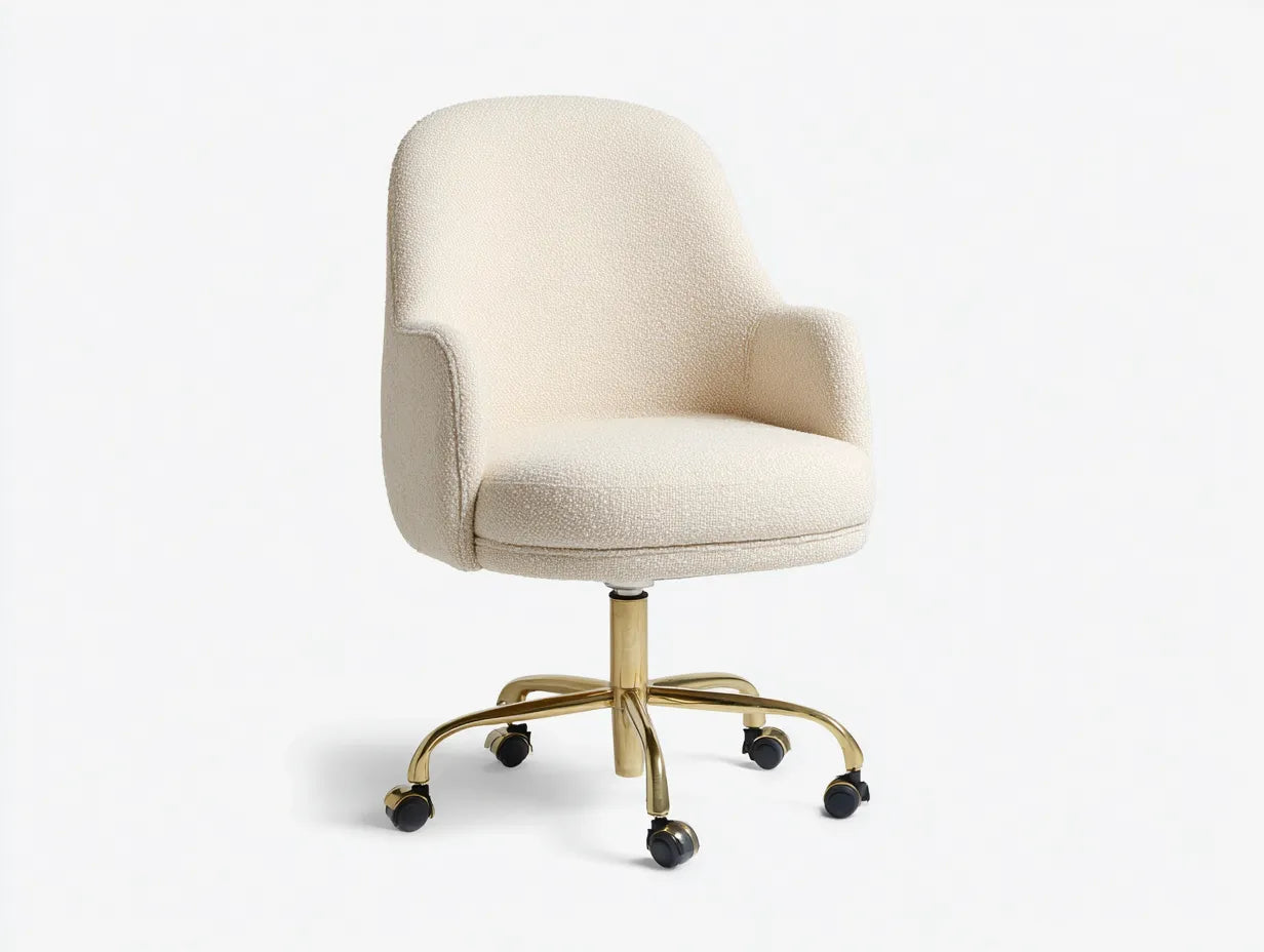 Sedia da ufficio imbottita in tessuto bouclé 64 x 64 x 86 cm - avorio e oro e nero - girevole con ruote - design elegante