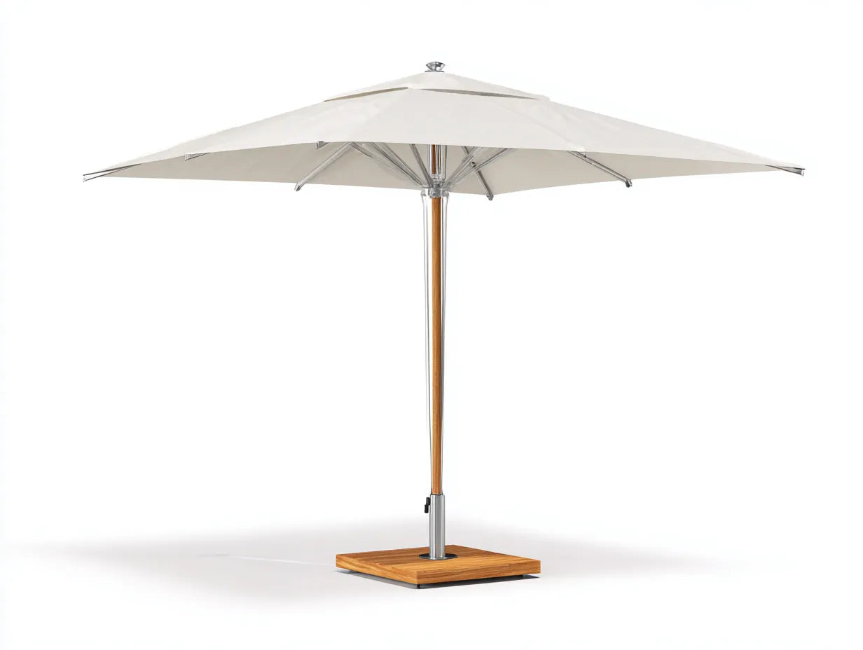Ombrellone premium da esterno 310 x 310 x 258 cm in legno e tessuto avorio - supporto centrale con finitura naturale e base quadrata