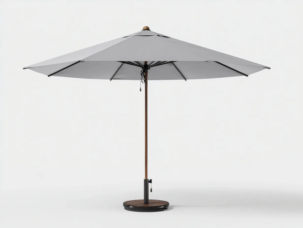 Ombrellone rotondo per giardino 300 x 300 x 255 cm - in metallo e tessuto grigio chiaro - palo effetto legno con base circolare